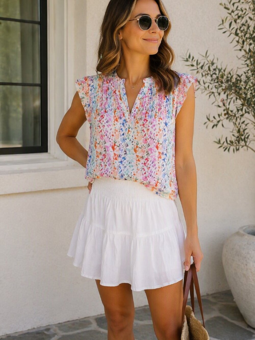 Frilli Exchange Large Floral Boho Cottagecore Flutter Sleeve Blouse Top